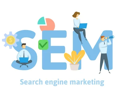 SEM, search engine marketing. Concept with keywords, letters, and icons. Colored flat vector illustration. Isolated on white background.