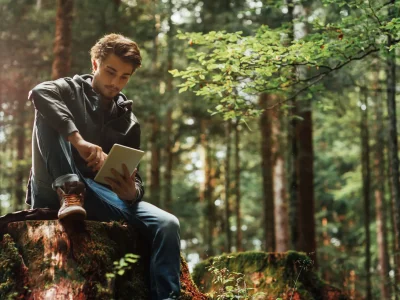 hombre con tablet en bosque